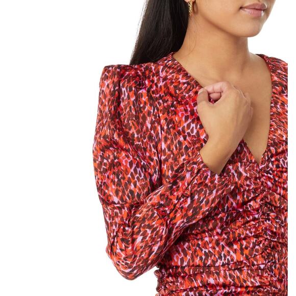 En Saison Razzalind Mini Dress size M NWT Ruched Raspberry Leopard Long sleeve - Picture 4 of 11